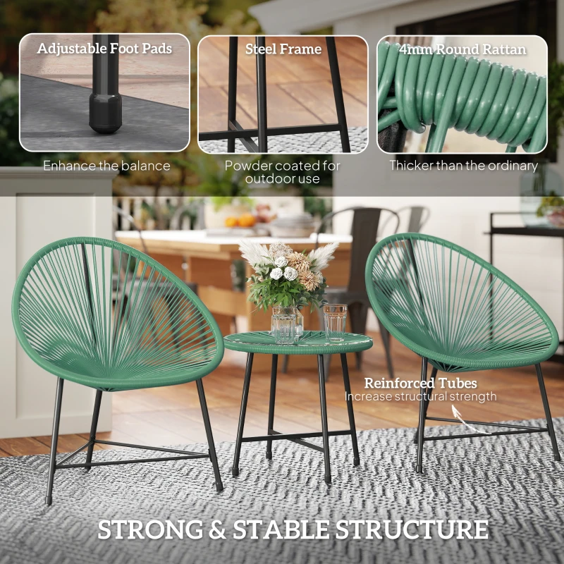 Outsunny Rattan Bistro Set with Acapulco Chairs and Glass Table, Green