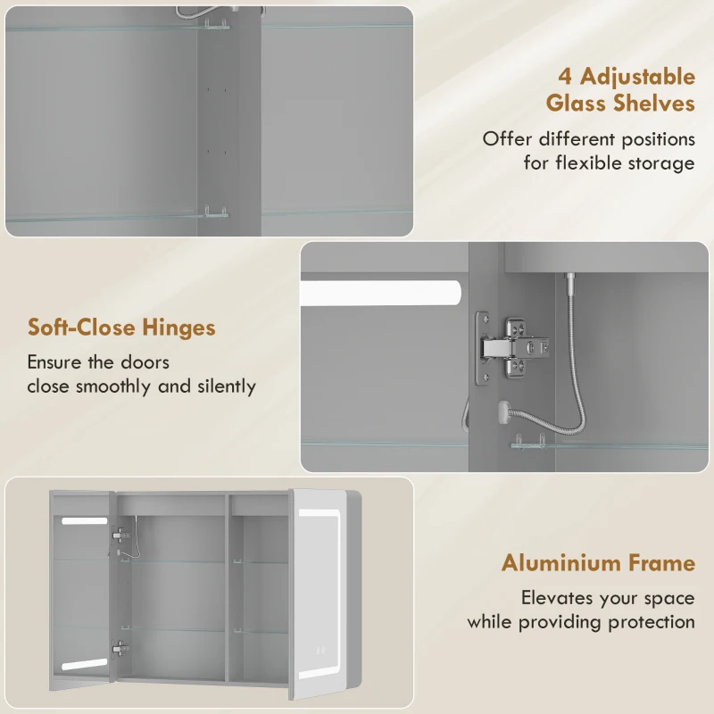 HOMCOM Mirrored Bathroom Cabinet with LED Lights, 60 x 80 cm Bathroom Mirror Cabinet with Anti-Fog, 3 Colour Dimmable Lighting