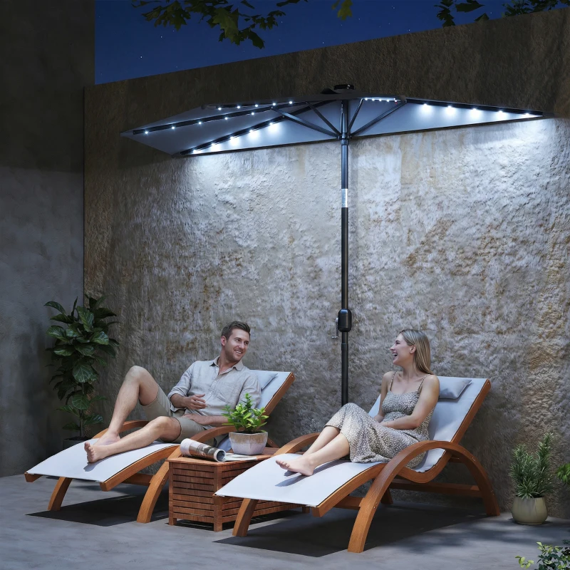 Outsunny 2.6 m Half Garden Parasol with Solar LED Lights, UPF50+ Semi Round Umbrella with 30° Tilt, Crank Handle, Dark Grey