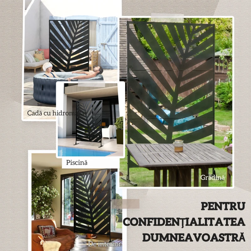 Outsunny Panou pentru Intimitate Exterior din Metal, 122 x 198 cm, Divizor Decorativ cu Suport și Șuruburi de Ancorare, Panou Autoportant pentru Grădină, Terasă, Piscină, Frunză de Bananier