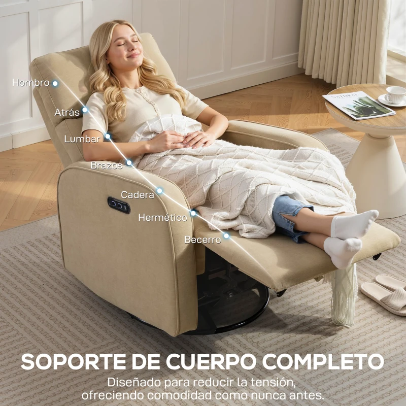 HOMCOM Sillón Relax Reclinable Eléctrico Giratorio y Balancín con Doble Motor Reposacabezas Ajustable Puertos USB Reposapiés