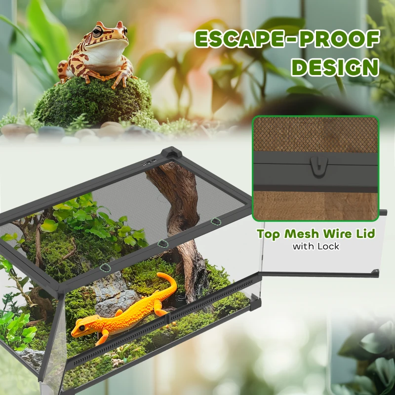 PawHut Reptile Glass Terrarium, Reptile Vivarium with Front Ventilation, Escape-Proof Knob Lock, Glass Enclosure for Lizards, Horned Frogs, Snakes, 50 x 30 x 25 cm, Black