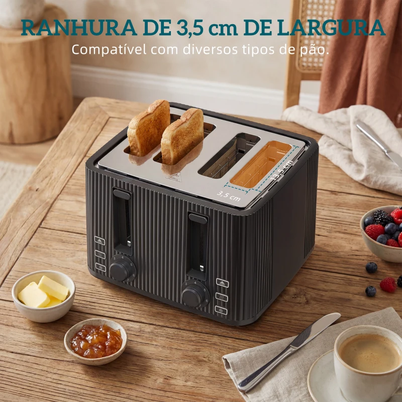 HOMCOM Torradeira de 4 Ranhuras Largas 7 Níveis de Torragem Função Descongelar Aquecer e Cancelar Bandeja Removível Preto