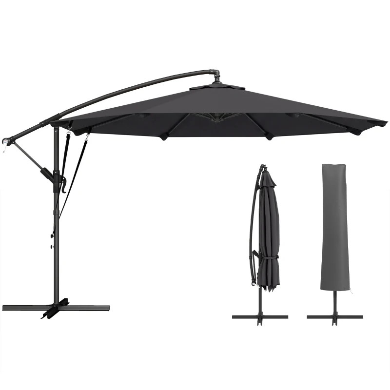 Outsunny 3 m Cantilever Parasol with Protective Cover and Wind Ropes, Banana Parasol with Crank Handle, Black