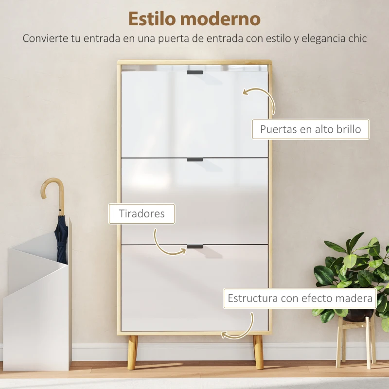 HOMCOM Zapatero Estrecho con 3 Puertas en Blanco Brillo Estantes Ajustables Patas de Madera para 18 Pares de Zapatos