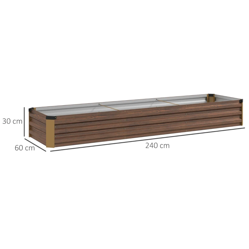 Outsunny Pat pentru Grădină Înălțat 405L, Jardinieră pentru Balcon din Oțel Galvanizat cu Fund Deschis, pentru Plante, Flori și Legume, 240x60x30 cm, Aspect Lemn Închis