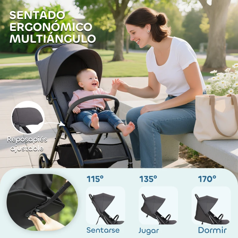 AIYAPLAY Carrito para Bebé Plegable con Respaldo Reclinable Reposapiés Ajustable Capota Cesta Arnés Carga 15 kg Gris Oscuro