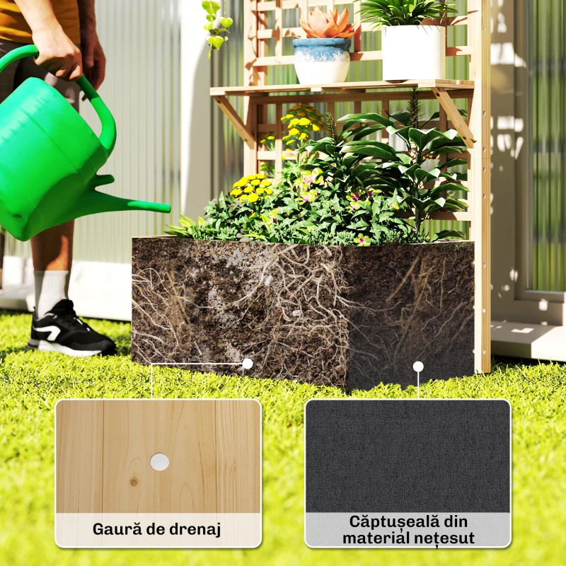 Outsunny Jardinieră Ridicată din Lemn cu Grilaj, Acoperiș și 2 Rafturi, 76x43.5x177 cm, Lemn Natural