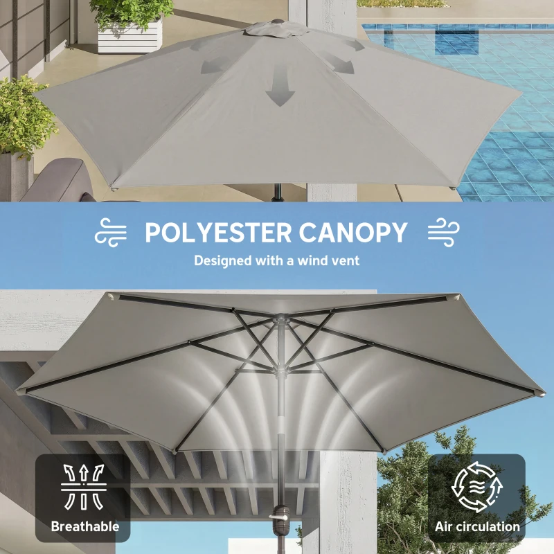 Outsunny 2.6 m Garden Parasol Umbrella with Aluminium Pole, Outdoor Patio Umbrella with Tilt and Crank, Vent, Light Grey