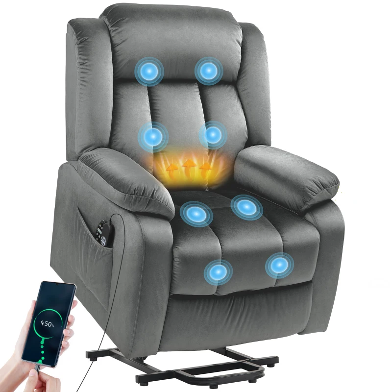HOMCOM Aufstehsessel mit Massagefunktion und Lendenheizung, Recliner-Sessel mit Fernbedienungen und Seitentaschen, Grau