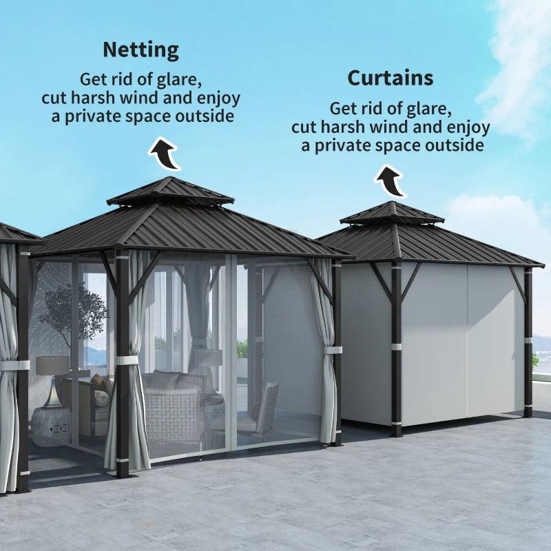 Outsunny 3 x 3(m) Hardtop Gazebo Canopy with Metal Roof, Waterproof Permanent Pavilion Garden Gazebo with Netting, Curtains, Grey