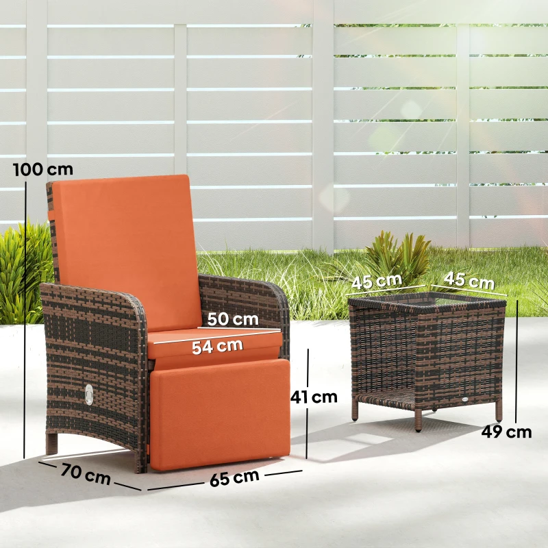 Outsunny 3 Pieces Rattan Bistro Set Balcony Furniture with Cushions, Storage Function - Orange