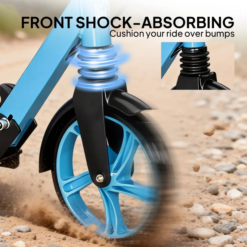 HOMCOM One-click Folding Kick Scooter for 14+ w/ Adjustable Handlebar, Push Scooter with Kickstand, Dual Brake System, Blue