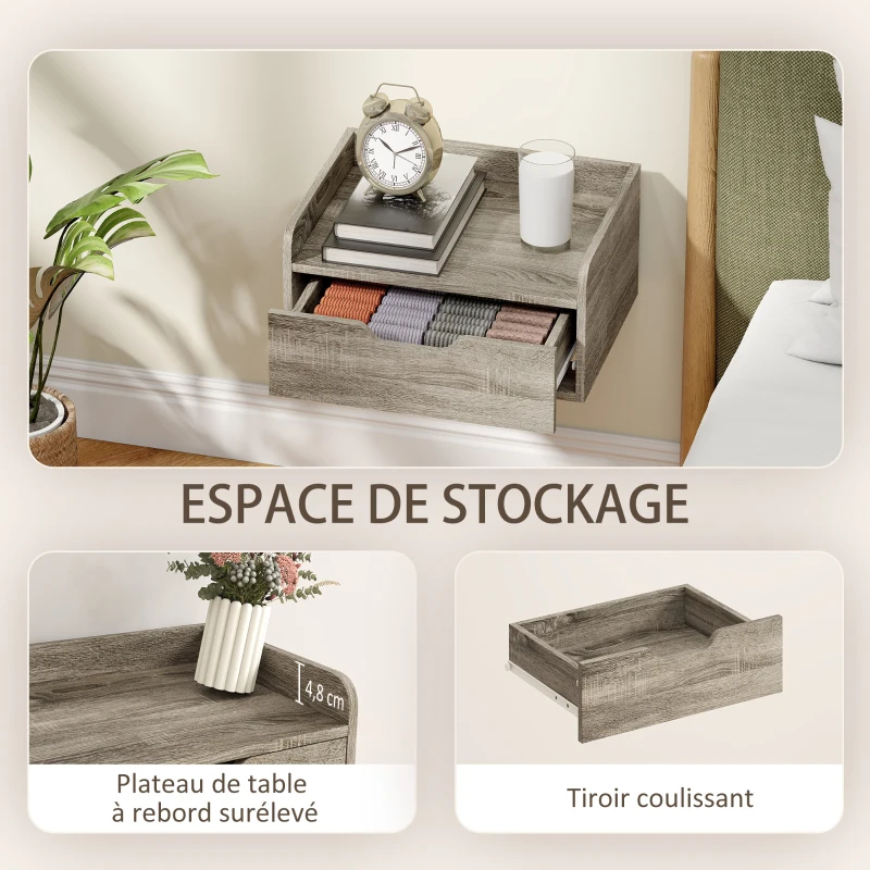 HOMCOM Lot de 2 tables de chevet murales, tables de nuit avec tiroir et plateau à rebords surélevés, 40x30x19,5cm, gris