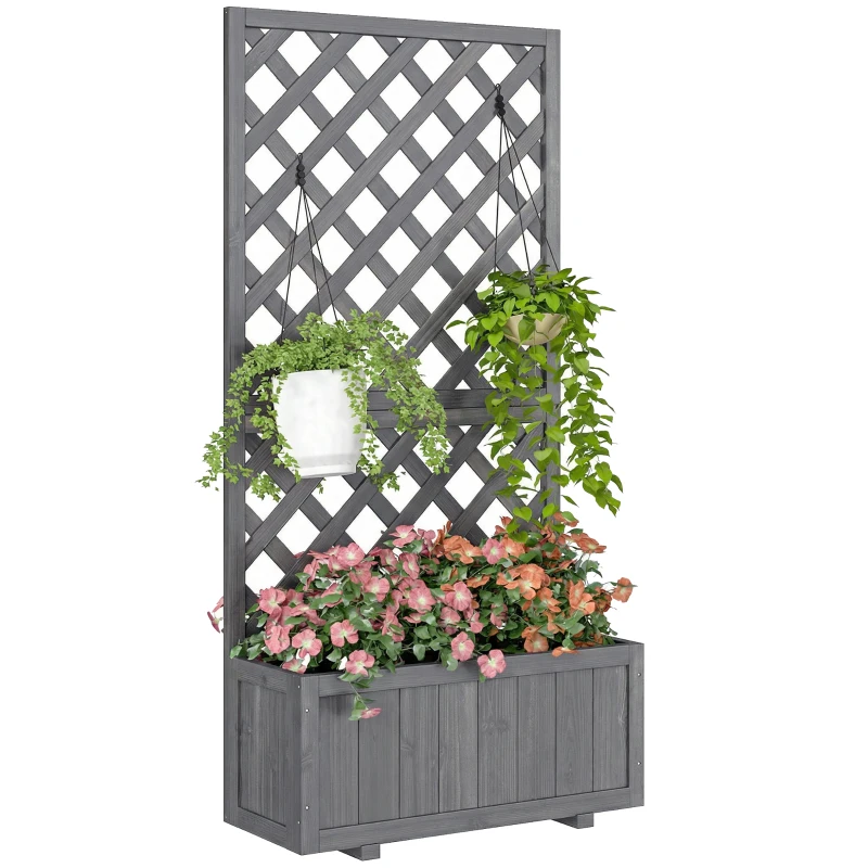 Outsunny Wood Planter with Trellis for Climbing Plants, Raised Bed, Planter Box with Drainage Holes to Grow Herbs Flowers, Grey