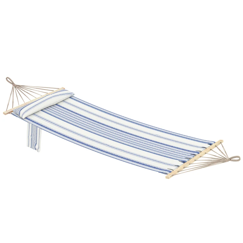 Outsunny Cotton Hammock, Soft Portable Swing Sleeping w/ Headrest & Side Pocket, Blue and White