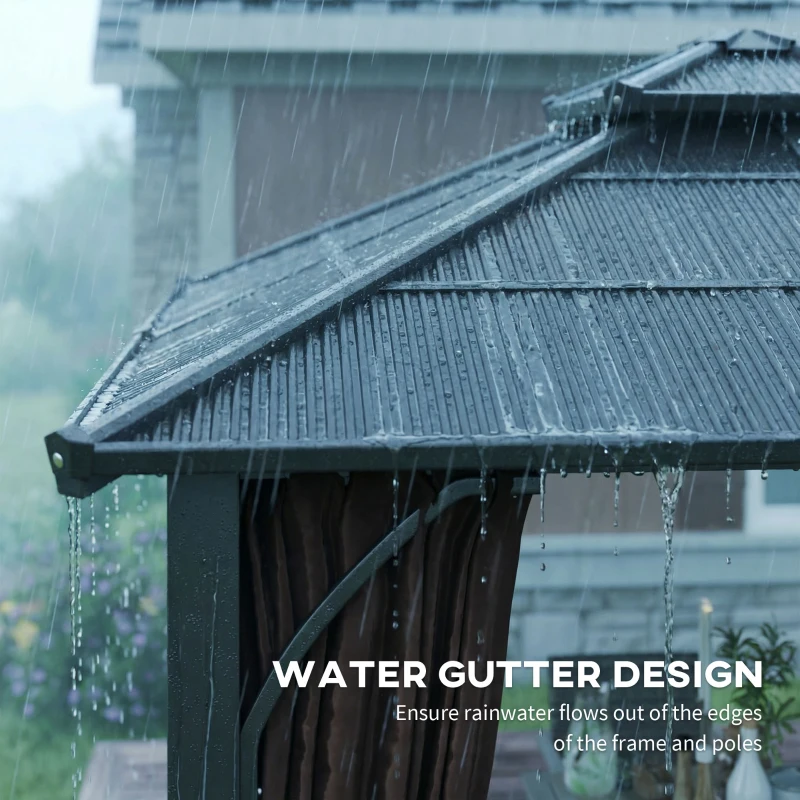 Outsunny 3 x 3(m) Hardtop Gazebo Canopy with 7mm Polycarbonate Double-Tier Roof, Garden Gazebo Permanent Pavilion with Mosquito Netting and Curtains for Patio, Terrace, Brown