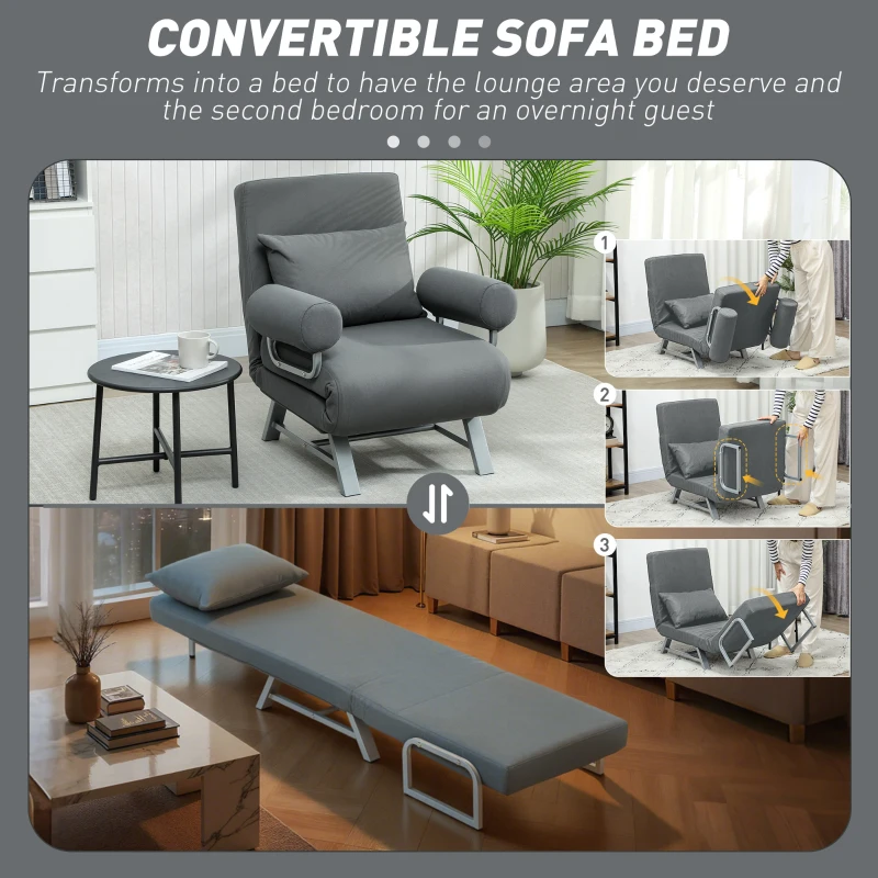 HOMCOM Fotoliu Extensibil 3 în 1 cu Spătar Reglabil pe 5 Nivele, din Material cu Efect de In, 73x78x81 cm, Gri Închis