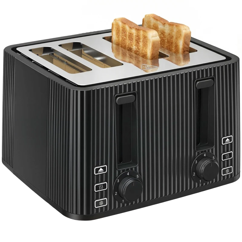 HOMCOM Torradeira de 4 Ranhuras Largas 7 Níveis de Torragem Função Descongelar Aquecer e Cancelar Bandeja Removível Preto