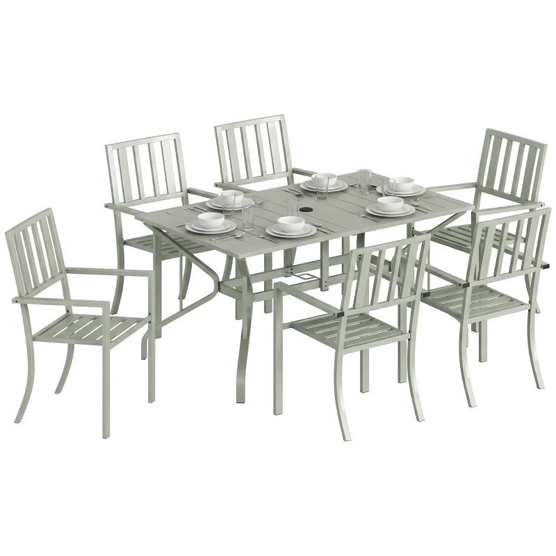 Outsunny 7 Pieces Garden Table and Chairs, 6 Seater Outdoor Table and Chairs with Umbrella Hole, for Garden, Light Grey