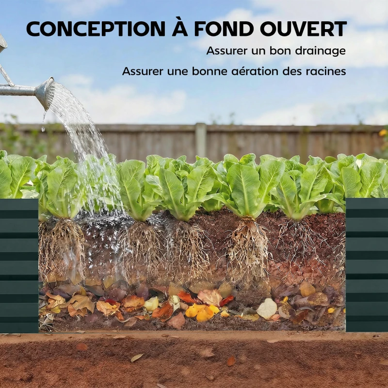 Outsunny Jardinière rectangulaire potager de jardin en acier galvanisé bordure de sécurité et fond ouvert 150x70x30cm vert