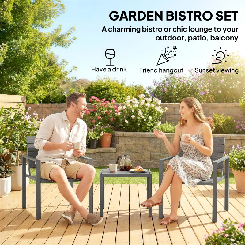 Outsunny 3 Pieces Garden Bistro Set for 2, Outdoor Bistro Table and Chairs with Metal Frame, Plastic Patio Furniture Set