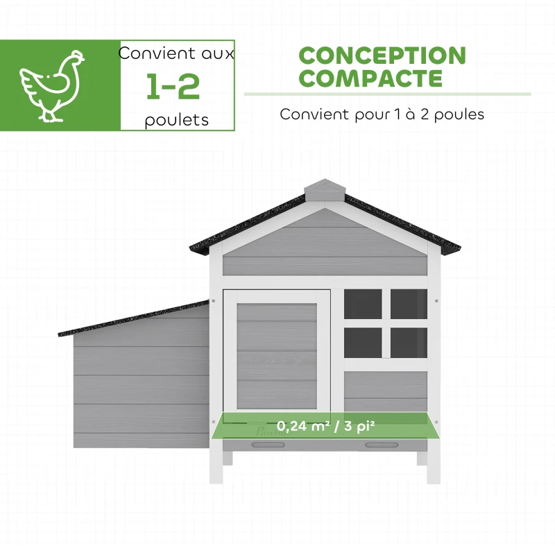 PawHut Poulailler en bois, toit en asphalte et pondoir abri pour 4 poules avec fenêtre en acrylique 92 x 64 x 69 cm gris