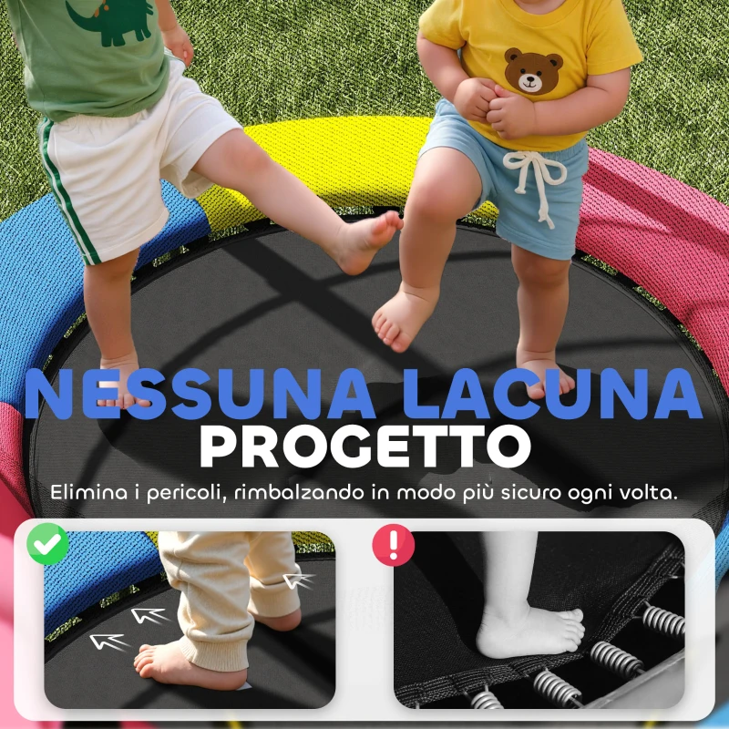 HOMCOM Trampolino per Bambini 3-6 Anni con Rete di Sicurezza, Senza Molle, Ø160x190 cm, Multicolore