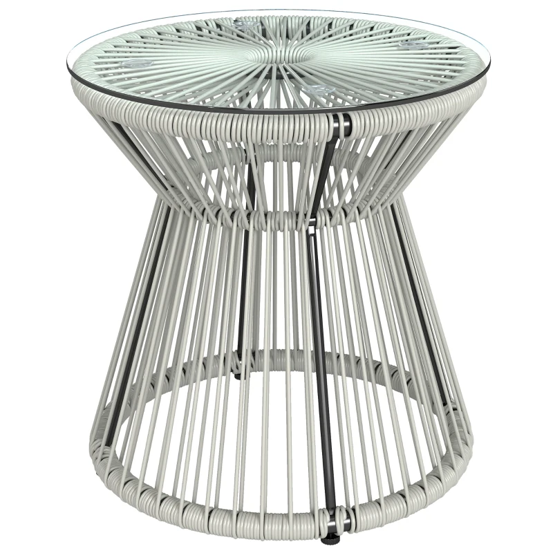 Outsunny Rattan Outdoor Coffee Table, PE Rattan Wicker Bistro Side Table with Tempered Glass Top, Light Grey