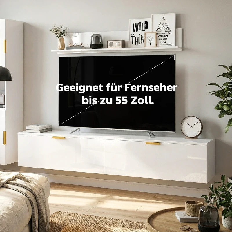 HOMCOM Schwebendes TV-Board mit Klapptüren Entertainment-Center Wandregal Schrank 180 cm Hochglanz Weiß