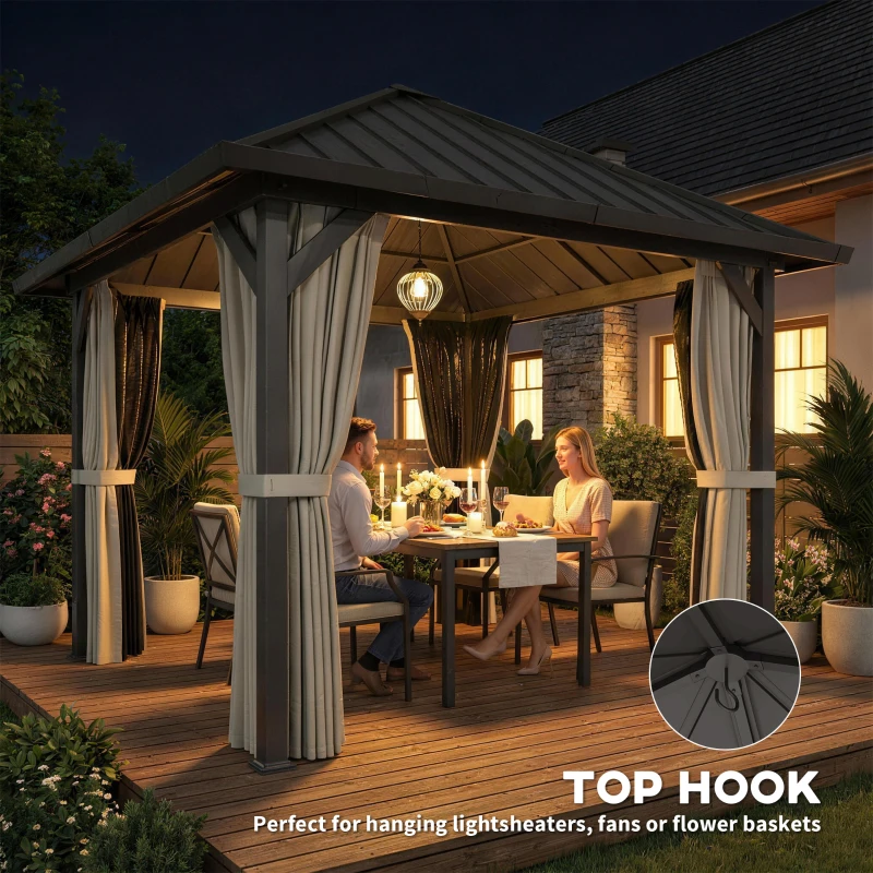 Outsunny 3 x 3(m) Hardtop Gazebo with Galvanised Steel Roof and Water Gutter, Waterproof Permanent Pavilion Garden Gazebo with Netting and Curtains for Patio, Deck, Black