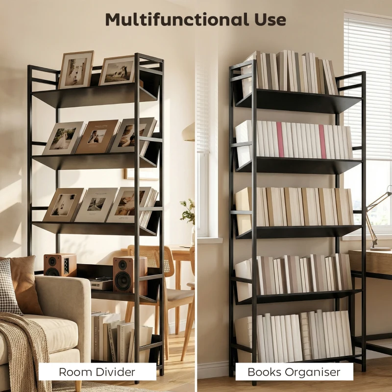 HOMCOM Bookshelf 5-Tier Metal Frame Room Divider Bookcase Storage Shelves for Living Room Black