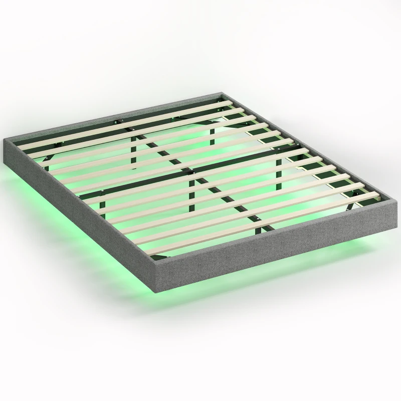 HOMCOM Cama 160x200 cm com Luzes LED Estofada em Linho Ripas de Madeira Silenciosa Fácil de Montar Cinzento