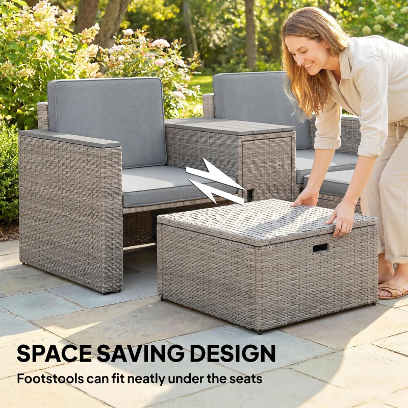 Outsunny 5 Piece Rattan Garden Furniture Set with Storage Table, Footstools, Cushions, Dark Grey