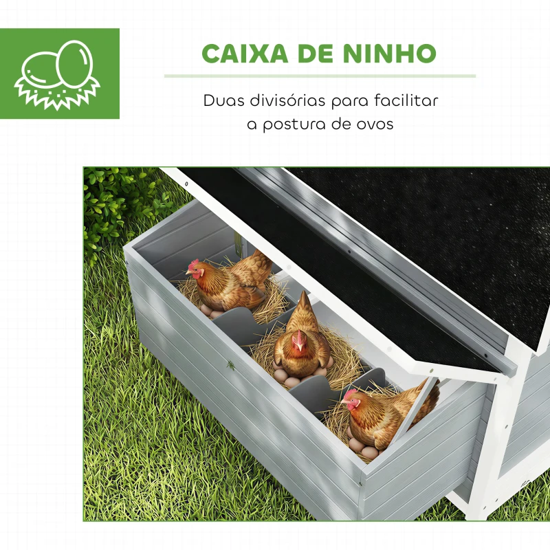 PawHut Galinheiro de Madeira para Exterior com 2 Ninhos, Bandeja Removível Poleiros Telhado Impermeável 150x100x96,5 cm Cinzento