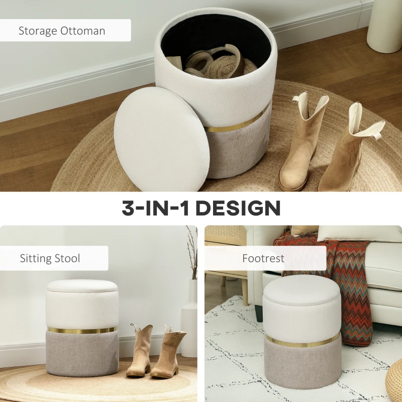 HOMCOM 36cm Round Storage Ottoman, Upholstered Chenille Footstool with Removable Lid, Vanity Stool for Living Room, Bedroom, Cream