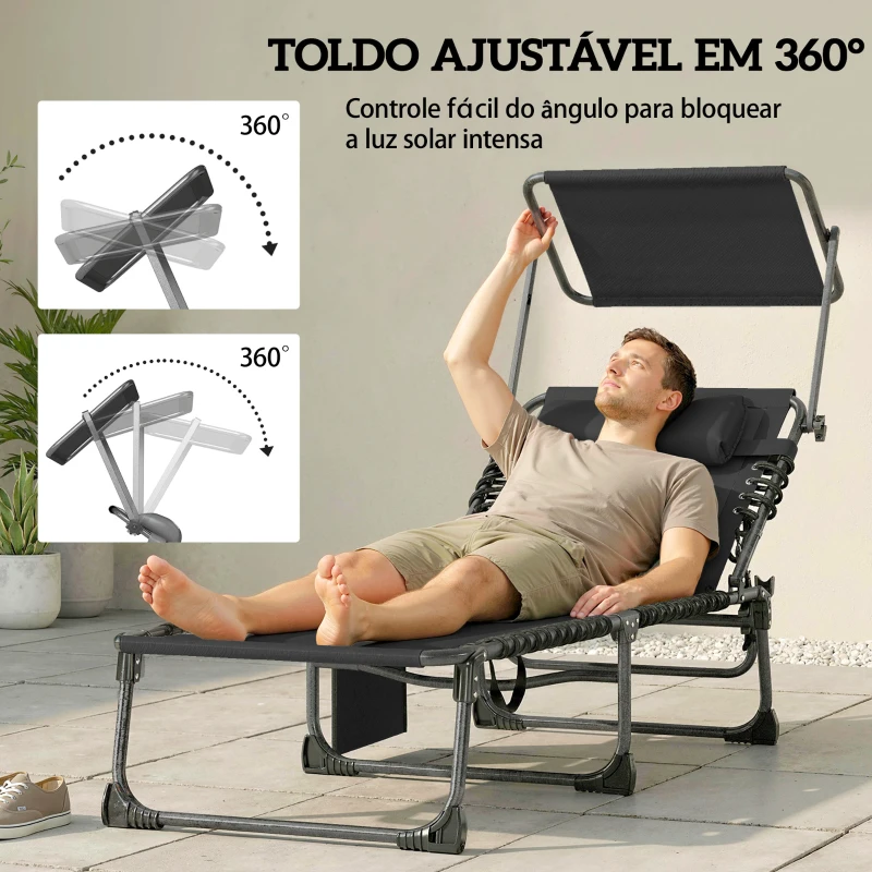 Outsunny Conjunto de 2 Espreguiçadeiras Jardim Dobráveis com Encosto Reclinável 5 Posições e Assento em Malha Preto