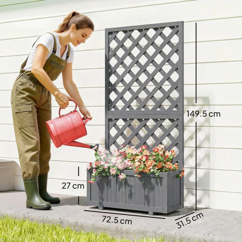 Outsunny Wood Planter with Trellis for Climbing Plants, Raised Bed, Planter Box with Drainage Holes to Grow Herbs Flowers, Grey