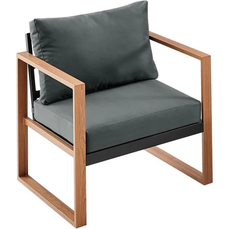 Salon bas de jardin en aluminium effet bois avec coussins - 5 personnes - PUERTO - Gris