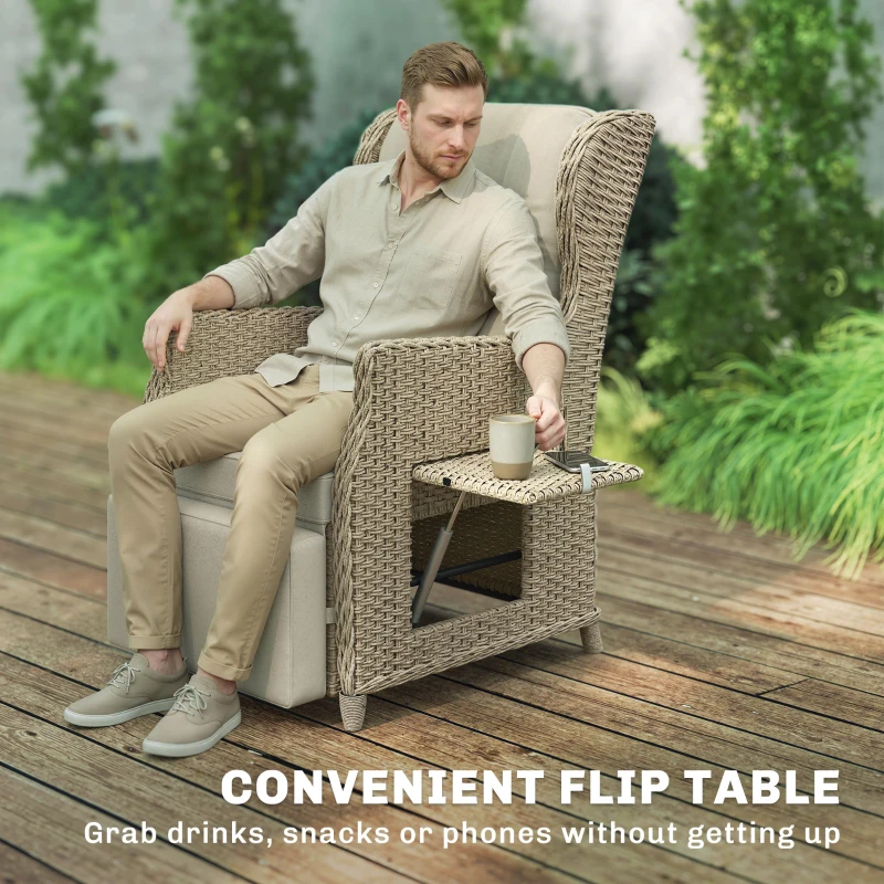Outsunny Rattan Garden Recliner Chair, Reclining Garden Chair with Adjustable Back and Footrest, Flip Table, Cushion, Brown