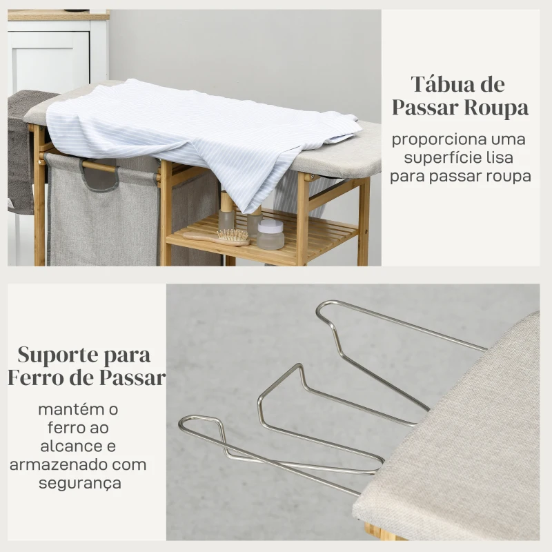 HOMCOM Cesto de Roupa Suja 57,4 L com Tábua de Passar Suporte para Ferro 3 Prateleiras e Bolsa Removível 113x34x82 cm Madeira e Cinza