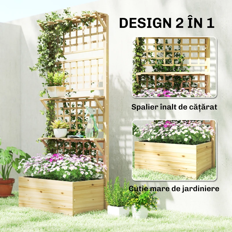 Outsunny Jardinieră Ridicată din Lemn cu Grilaj, Acoperiș și 2 Rafturi, 76x43.5x177 cm, Lemn Natural