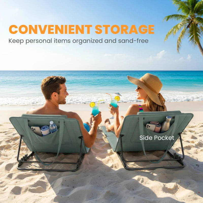 Outsunny Foldable Sun Loungers Set of 2, Portable Folding Beach Lounger with 4-level Adjustable Backrest, Grey