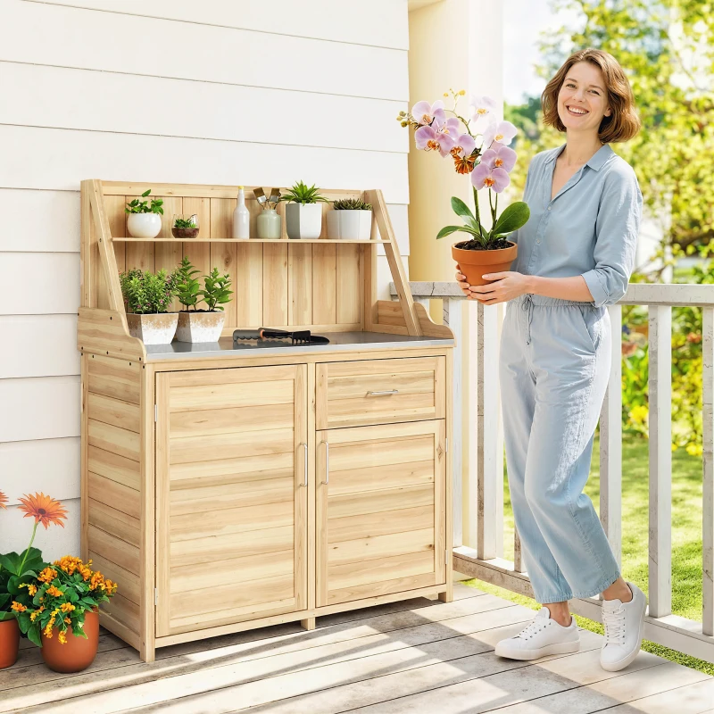 Outsunny Armoire de Jardin en Bois avec Plan de Travail en Métal Galvanisé Tiroir et Étagère 100x45x129,5cm Naturel