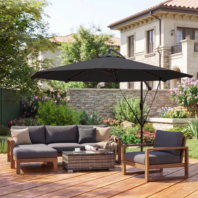 Outsunny 3 m Cantilever Parasol with Protective Cover and Wind Ropes, Banana Parasol with Crank Handle, Black