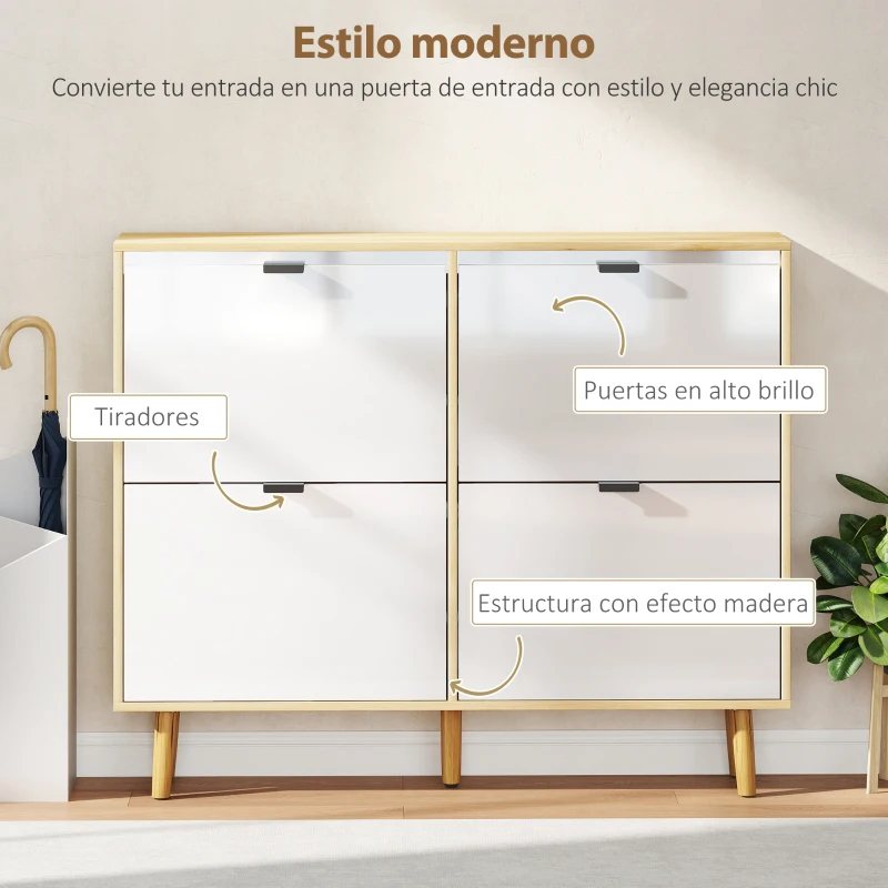 HOMCOM Zapatero Estrecho con 4 Puertas en Blanco Brillo Estantes Ajustables Patas de Madera para 20 Pares de Zapatos
