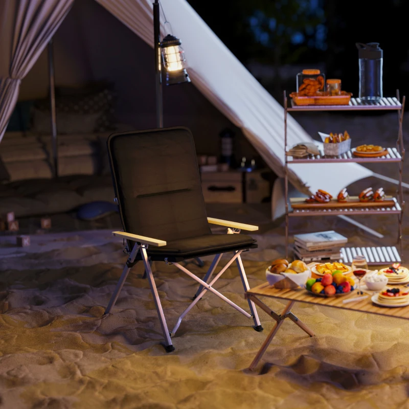 Outsunny Chaise de camping chaise de pêche pliante, dossier haut, coussin amovible et sac de transport, 59x67x96cm, noir