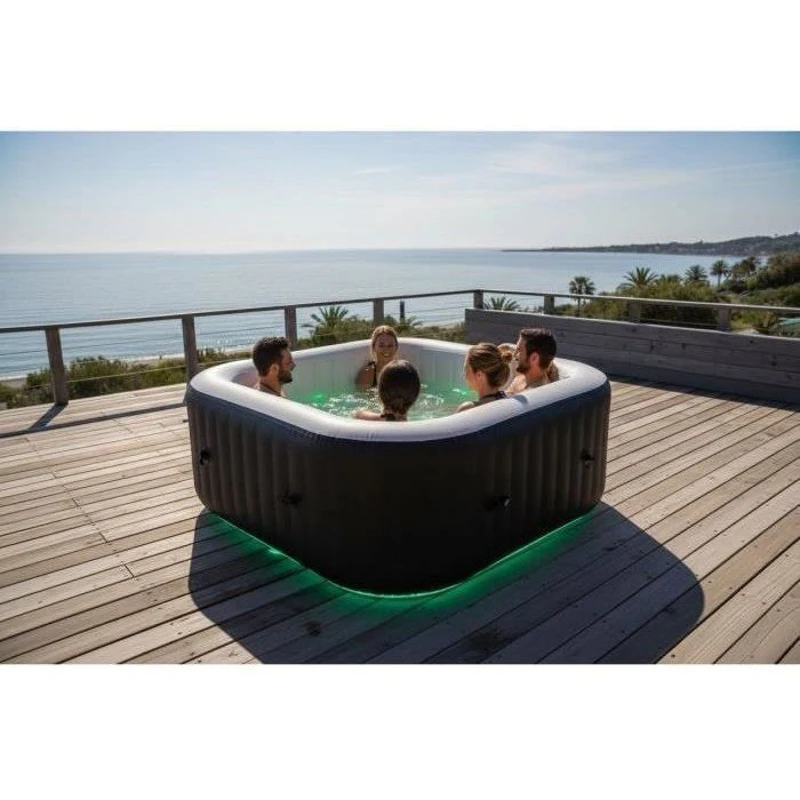 Spa gonflable avec bandeau LED SUNSPA - AC02-LED - 185 x 65 cm - 6 places - Carré (Avec filtre, cadenas, tapis de sol et