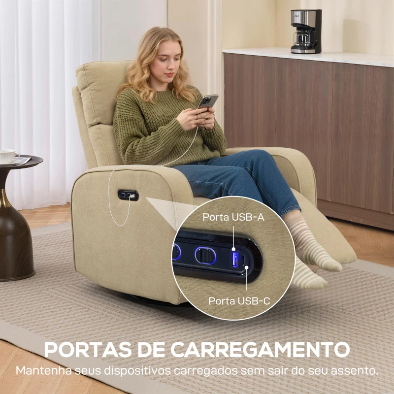 HOMCOM Poltrona Relax Reclinável Elétrica com Duplo Motor Giratória e Baloiço com Encosto de Cabeça Ajustável Portos USB e USB-C Bege