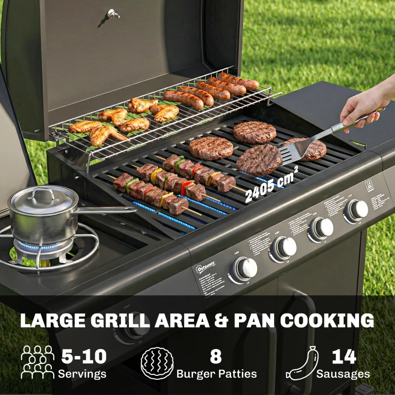 Outsunny 4+1 Burner Gas BBQ Grill with Storage Cabinet, 15.2 kW Gas Barbecue Trolley with Side Table, 4 Wheels, Warming Rack